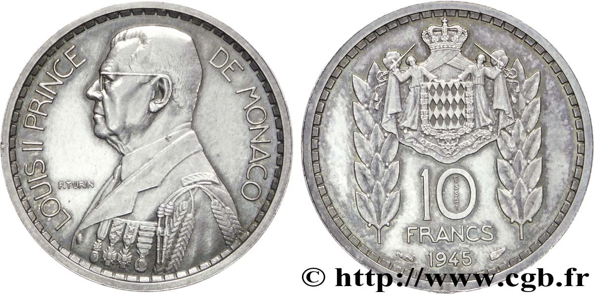 MONACO - LOUIS II Essai-piéfort de 10 francs Turin 1945 Paris MS 