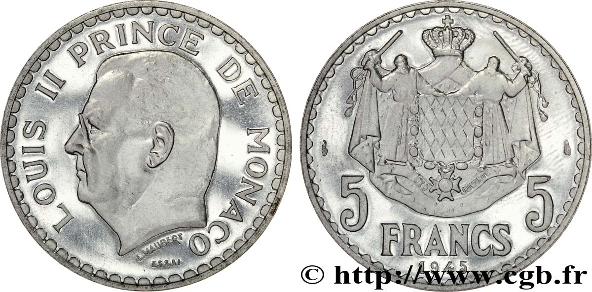 MONACO - PRINCIPAUTÉ DE MONACO - LOUIS II Essai de 5 francs 1945 Paris SPL 