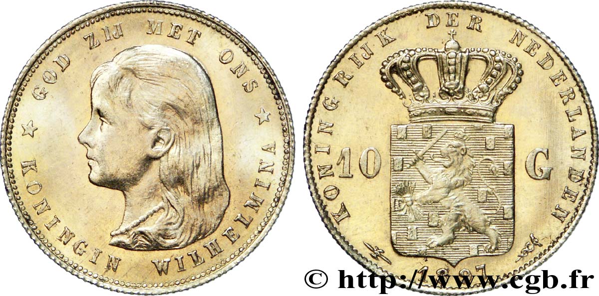 PAYS-BAS - ROYAUME DES PAYS-BAS - WILHELMINA 10 gulden or 1897 Utrecht AU 