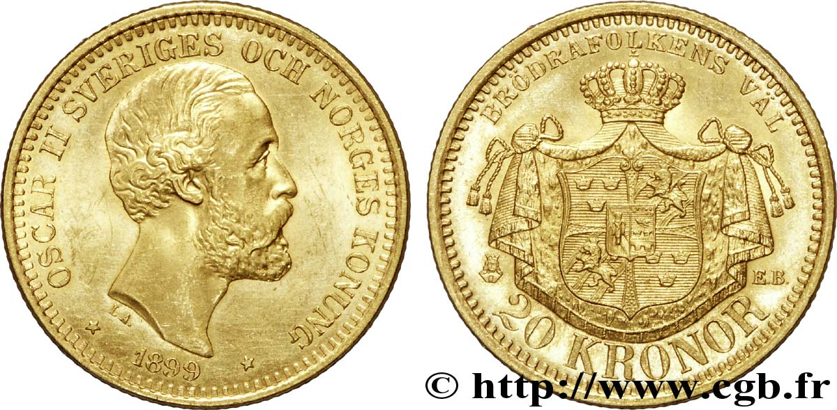 SUÈDE - ROYAUME DE SUÈDE - OSCAR II 20 kronor, 3e type 1899 Stockholm EBC 