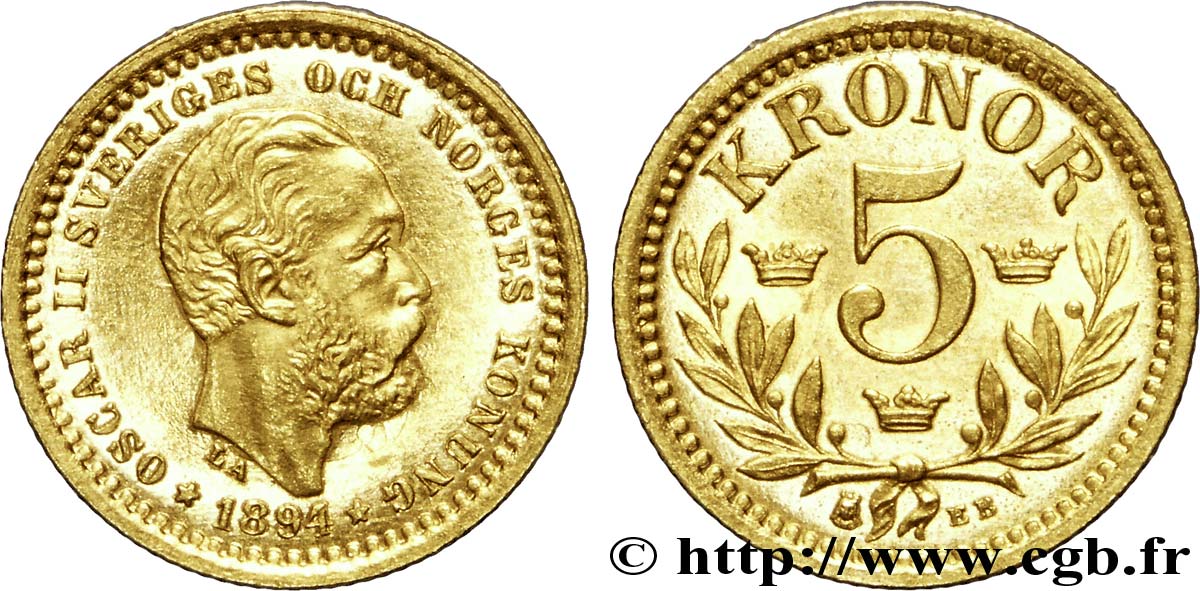 SUÈDE - ROYAUME DE SUÈDE - OSCAR II 5 kronor 1894 Stockholm AU 