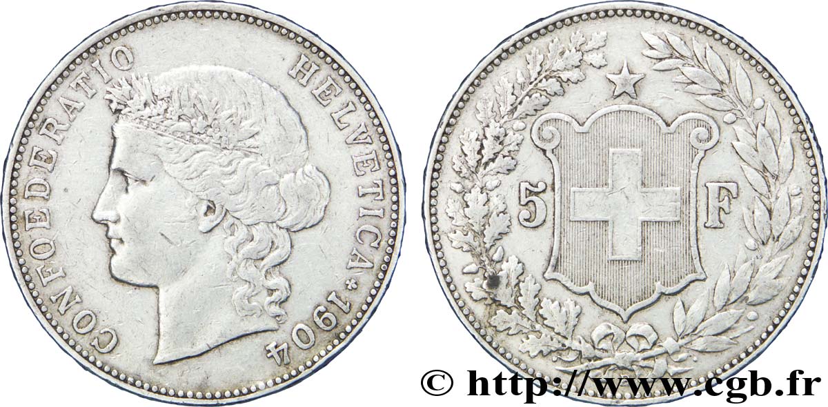 SWITZERLAND - CONFEDERATION OF HELVETIA 5 francs 1904 Berne VF 