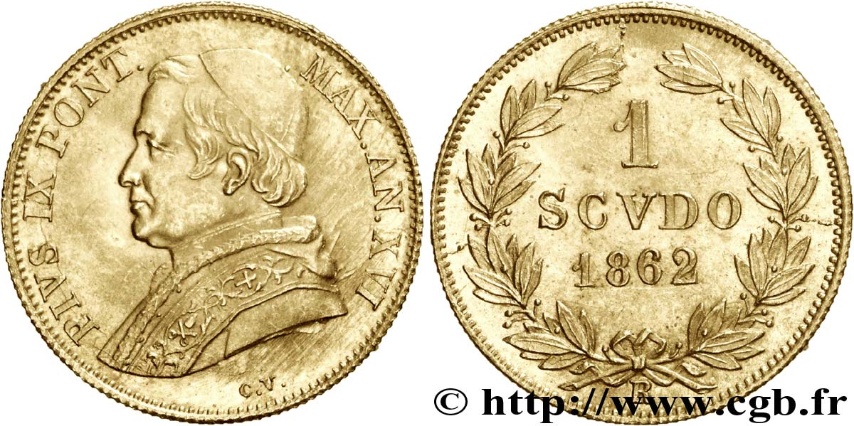 ITALY - PAPAL STATES - PIUS IX (Giovanni Maria Mastai Ferretti) 1 scudo or, module large 1862 Rome AU 