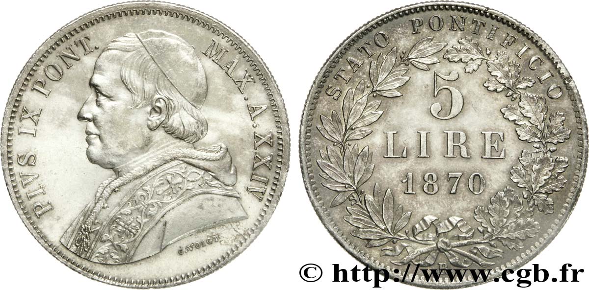 ITALY - PAPAL STATES - PIUS IX (Giovanni Maria Mastai Ferretti) 5 lire 1870 Rome AU 