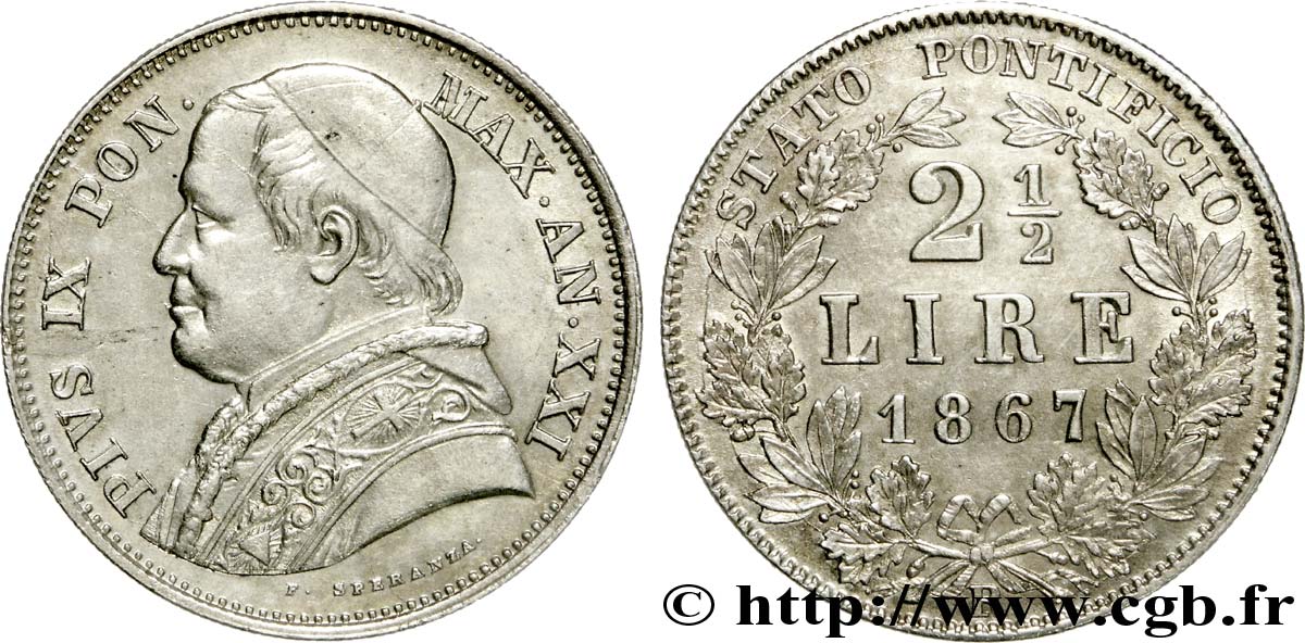 ITALY - PAPAL STATES - PIUS IX (Giovanni Maria Mastai Ferretti) 2 1/2 lire 1867 Rome XF 
