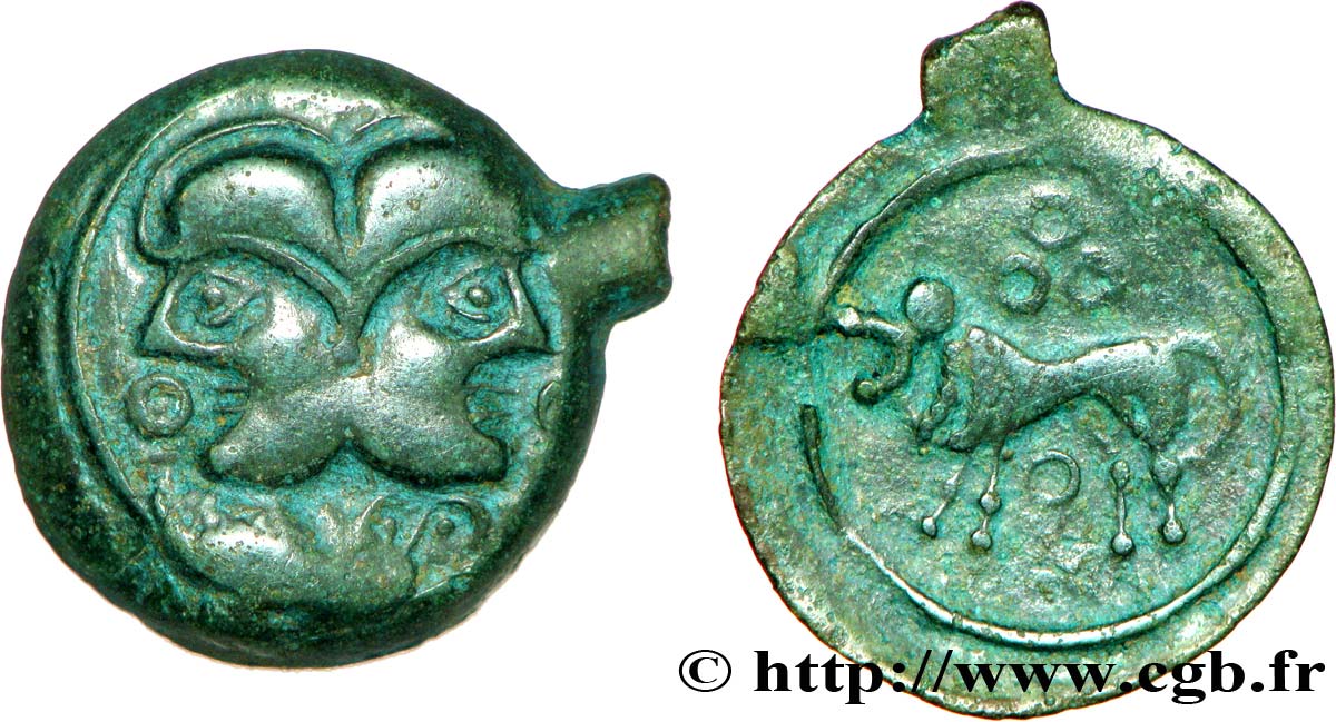GALLIEN - BELGICA - SUESSIONES (Region die Soissons) Bronze à la tête janiforme, classe II fVZ/SS
