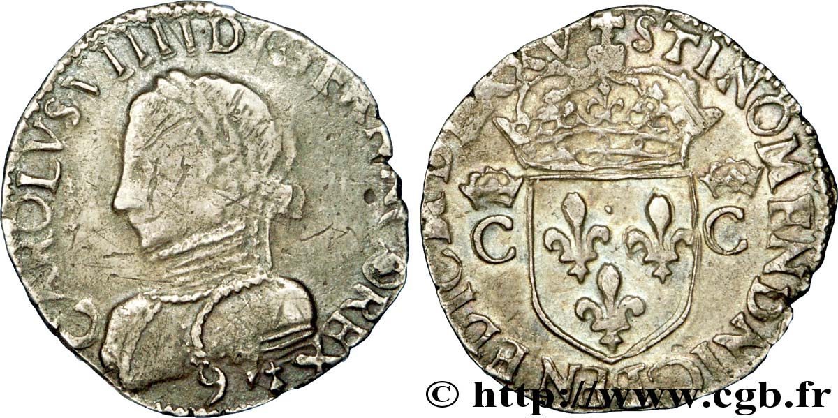 HENRY III. COINAGE IN THE NAME OF CHARLES IX Demi-teston, 2e type, avec légende fautée 1575 (MDLXXV) Rennes XF