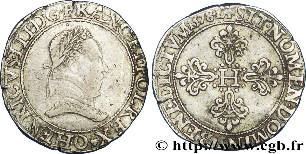 HENRI III Franc au col plat 1578 Riom TTB