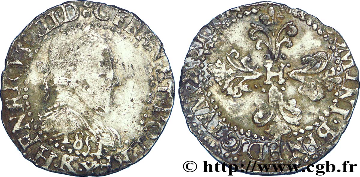 HENRI III Quart de franc au col plat, variété avec millésime retourné 1581 Bordeaux TB+