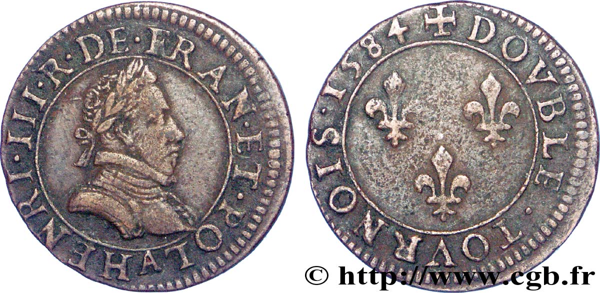 HENRI III Double tournois, 1er type de Paris 1584 Paris, Moulin des Étuves TTB