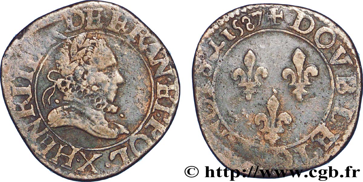 HENRI III Double tournois, type d’Amiens 1587 Amiens TB+