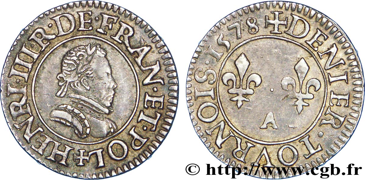 HENRY III Essai en argent du denier tournois, 1er type de Paris 1578 Paris fVZ