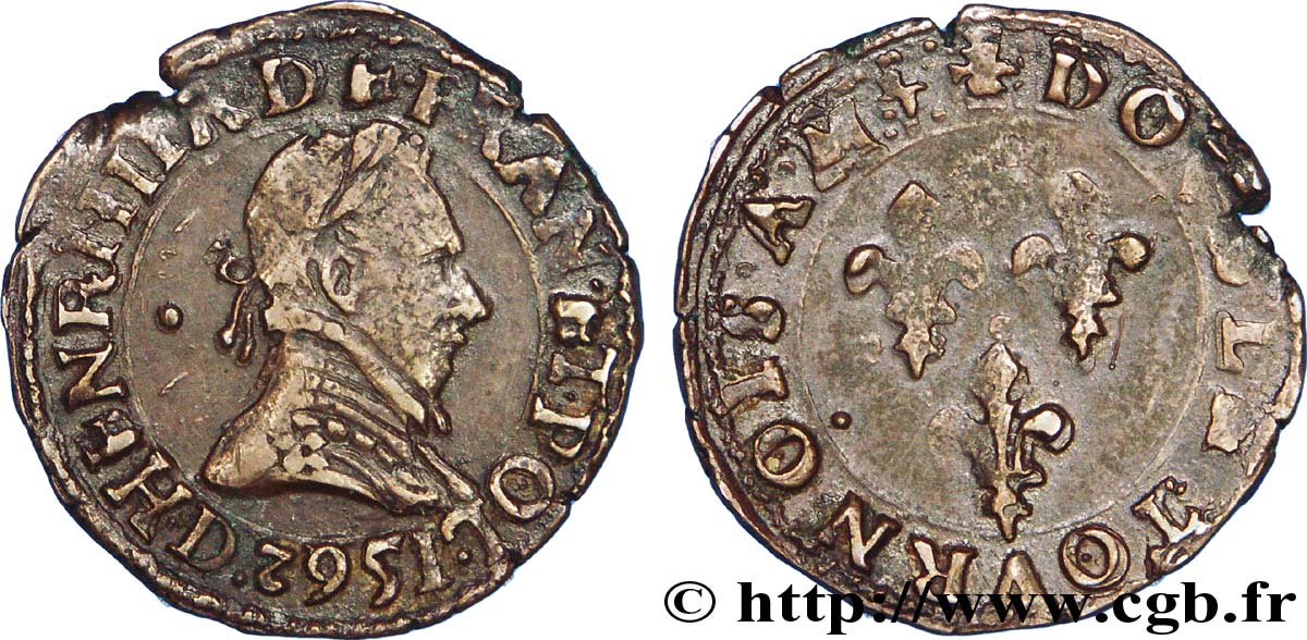 LIGUE. COINAGE AT THE NAME OF HENRY III Double tournois, 2e type de Lyon, millésime fauté (1562) 1592 Lyon MBC+/MBC