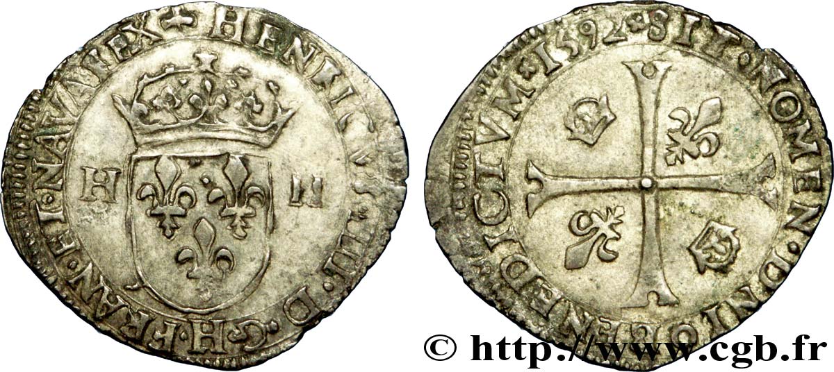 HENRI IV LE GRAND Douzain aux deux H, 2e type 1592 La Rochelle TTB+