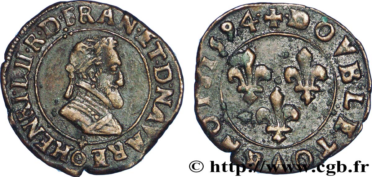 HENRI IV LE GRAND Double tournois, 2e type de Clermont (légende latine) 1594 Clermont-Ferrand TTB+/TTB