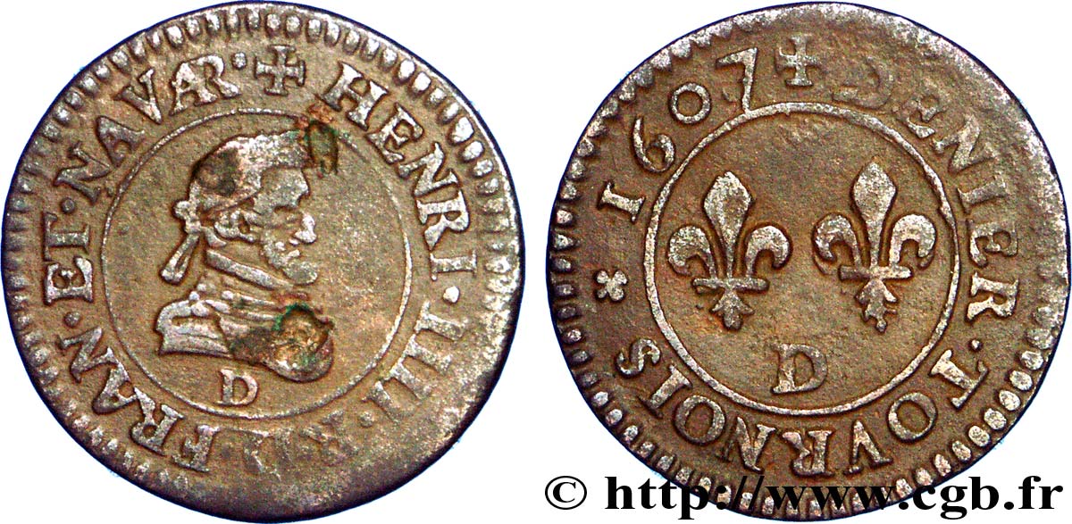 HENRY IV Denier tournois, type B 1607 Lyon XF