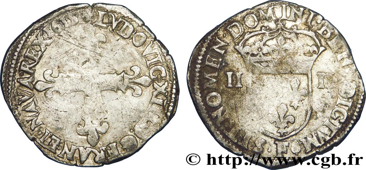 LOUIS XIII  Quart d écu, à la croix fleurdelisée, titulature côté croix 1615 Angers VF