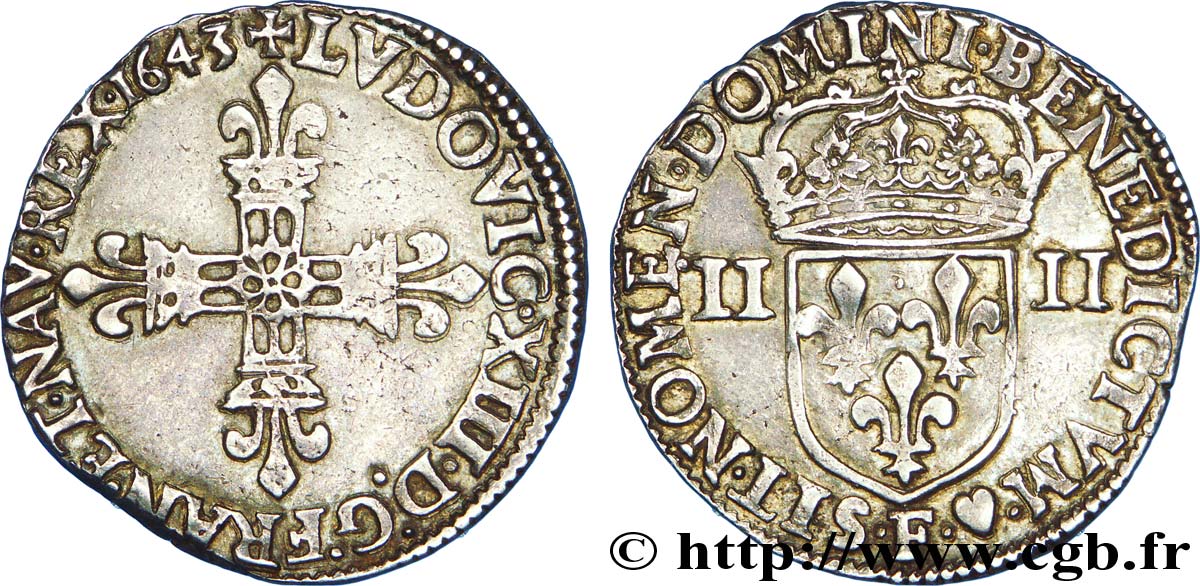 LOUIS XIII LE JUSTE Quart d écu, à la croix fleurdelisée, titulature côté croix 1643 Angers TTB+/SUP
