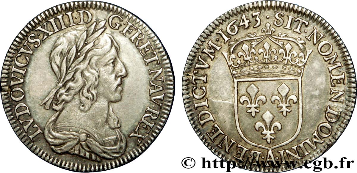 LOUIS XIII  Quart d écu, buste drapé et cuirassé (2e buste de Jean Warin) 1643 Paris, Monnaie du Louvre AU