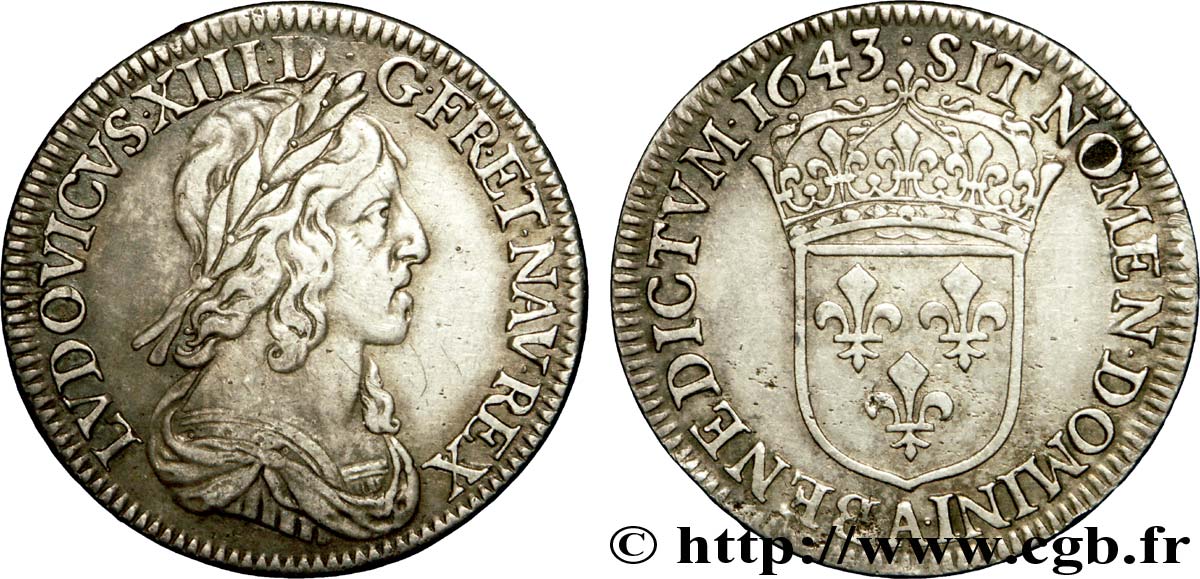 LOUIS XIII  Quart d écu, buste drapé et cuirassé (2e buste de Jean Warin) 1643 Paris, Monnaie du Louvre SS/fVZ