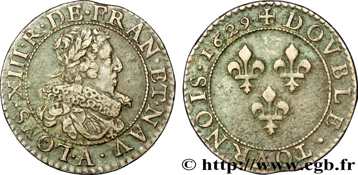 LOUIS XIII  Double tournois, type 6 de Paris 1629 Paris AU