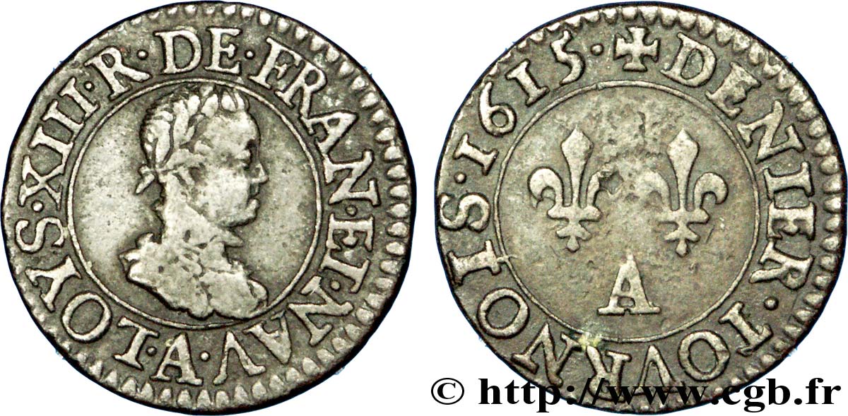 LOUIS XIII  Denier tournois, type de Paris 1615 Paris SS