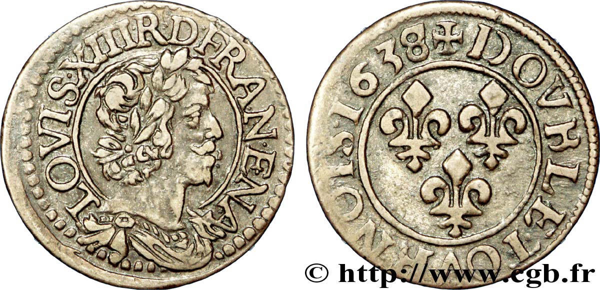 LOUIS XIII LE JUSTE Double tournois, type 15 1638 Tours TTB+