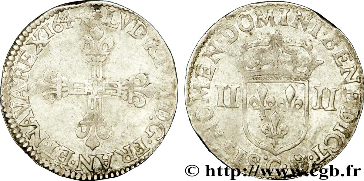 LOUIS XIV  THE SUN KING  Quart d écu, 1er type 1644 Saint-Lô fSS/SS