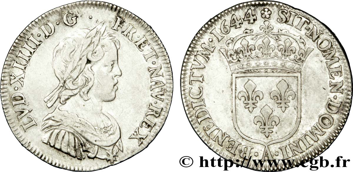 LOUIS XIV LE GRAND OU LE ROI SOLEIL Quart d écu à la mèche courte 1644 Paris, Monnaie de Matignon TTB