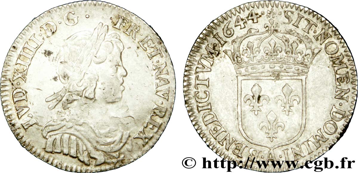 LOUIS XIV LE GRAND OU LE ROI SOLEIL Douzième d&nbsp;écu à la mèche courte 1644 Paris, Monnaie de Matignon TTB+