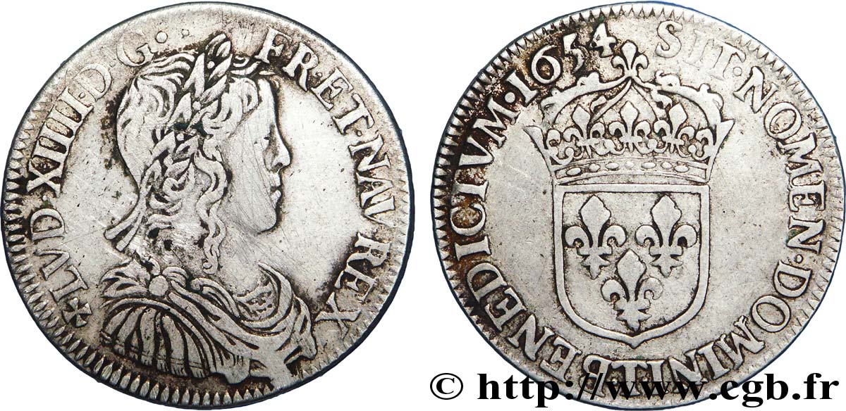 LOUIS XIV &nbsp;THE SUN KING&nbsp; Demi-écu à la mèche longue 1654 Nantes q.BB/BB