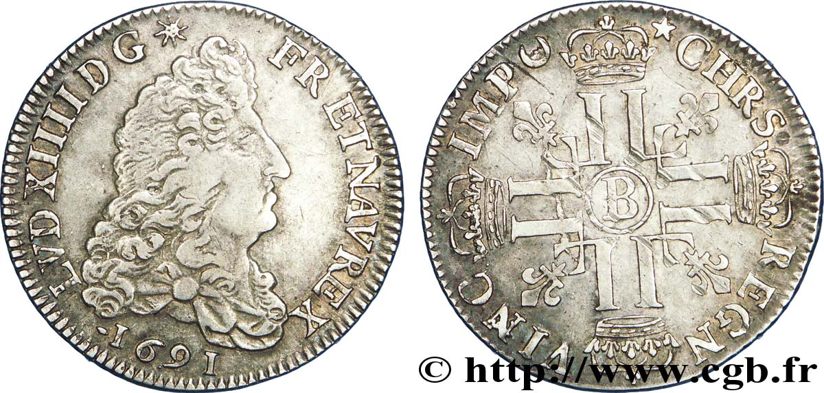 LOUIS XIV LE GRAND OU LE ROI SOLEIL Quart d écu aux huit L, 1er type, (type définitif) 1691 Rouen TTB