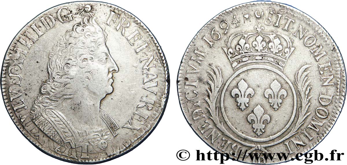 LOUIS XIV LE GRAND OU LE ROI SOLEIL Écu aux palmes 1694 Strasbourg TTB