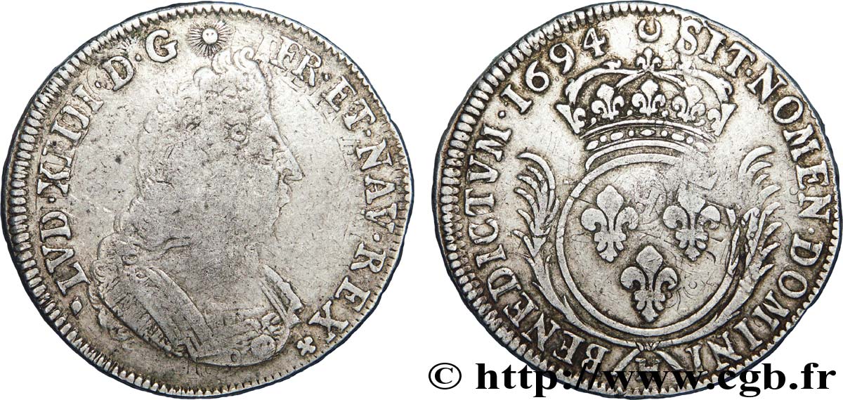 LOUIS XIV LE GRAND OU LE ROI SOLEIL Écu aux palmes 1694 La Rochelle TB+