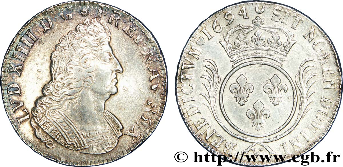LOUIS XIV LE GRAND OU LE ROI SOLEIL Écu aux palmes 1694 Amiens TTB