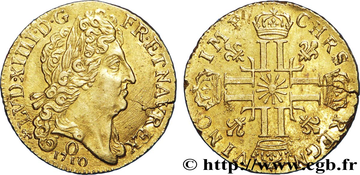 LOUIS XIV  THE SUN KING  Louis d or au soleil 1710 Riom VZ