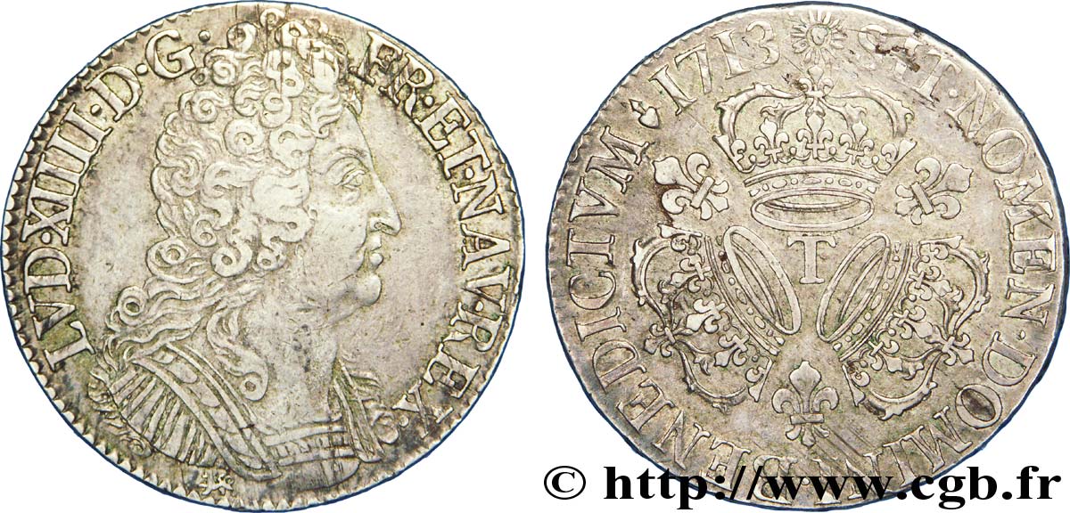 LOUIS XIV  THE SUN KING  Écu aux trois couronnes 1713 Nantes XF