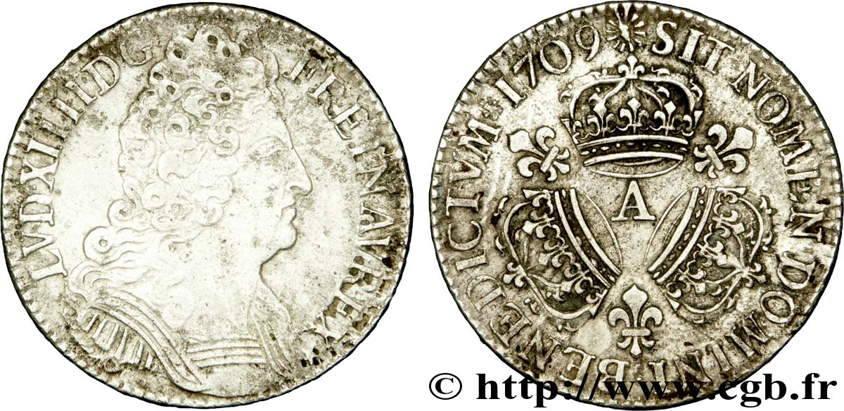 LOUIS XIV LE GRAND OU LE ROI SOLEIL Demi-écu aux trois couronnes 1709 Paris TB+/TTB