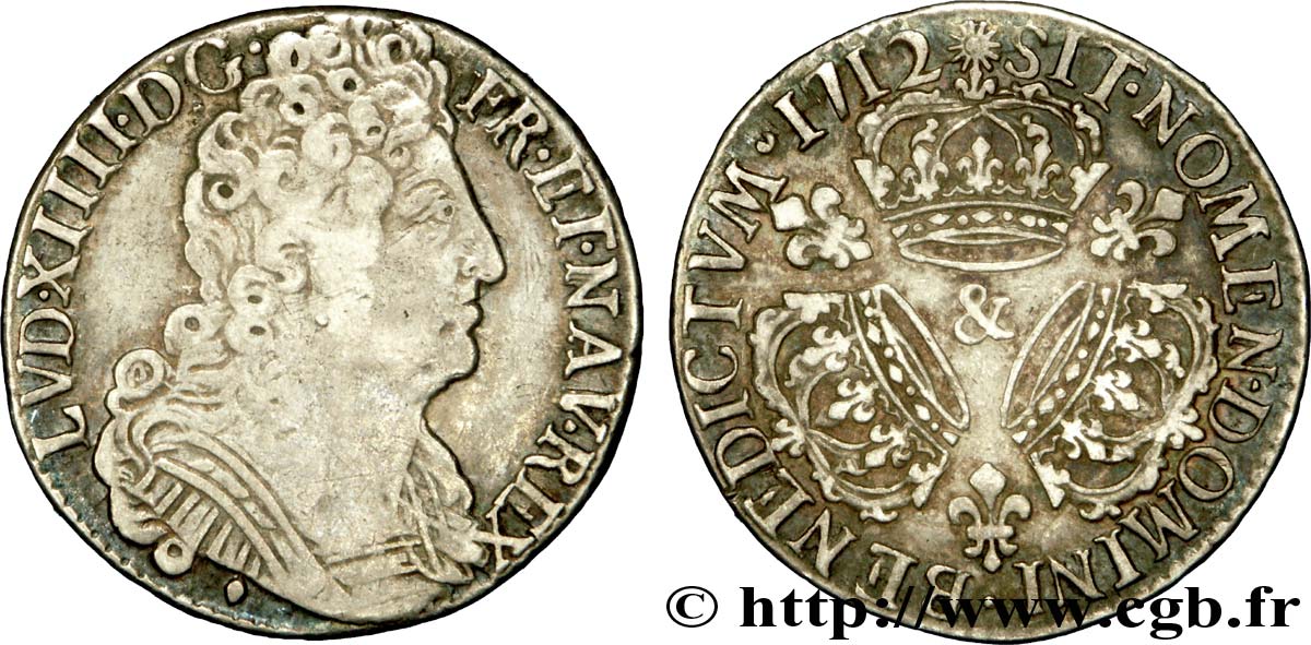 LOUIS XIV  THE SUN KING  Quart d écu aux trois couronnes 1712 Aix-en-Provence VF/XF