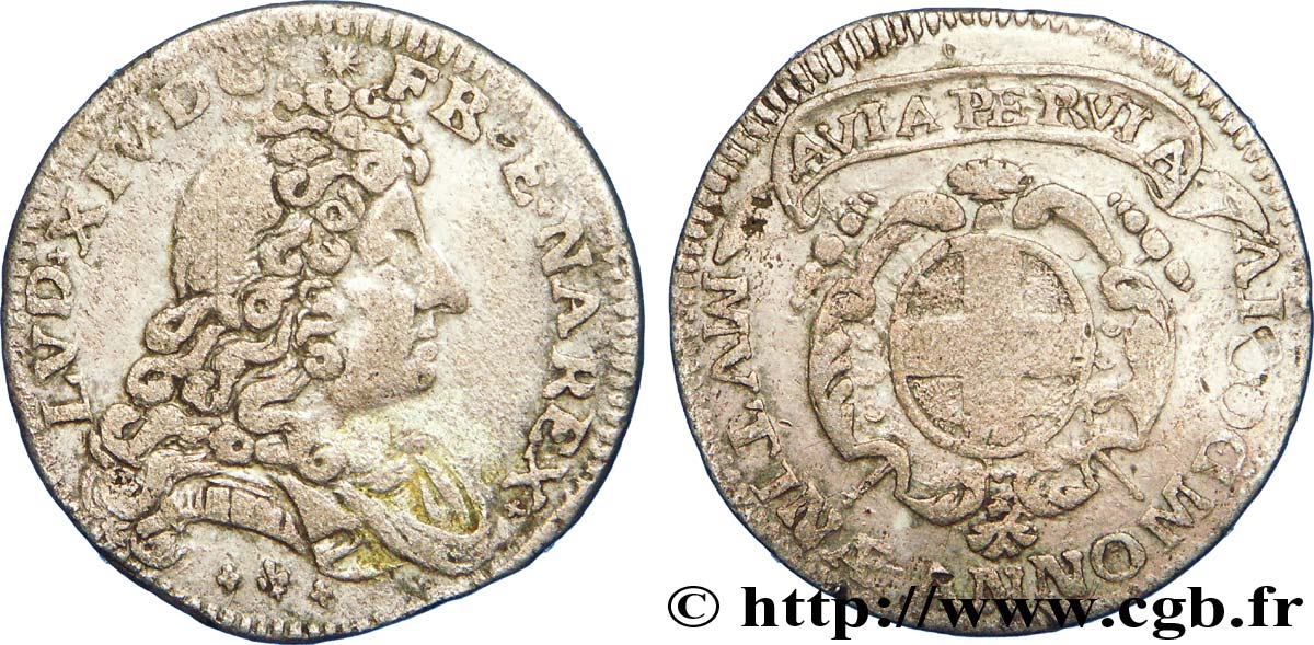 ITALY - MODENA - LOUIS XIV  THE SUN KING  Pièce de trois sols, double georgin ou demi-livre de Modène 1704 Modène VF