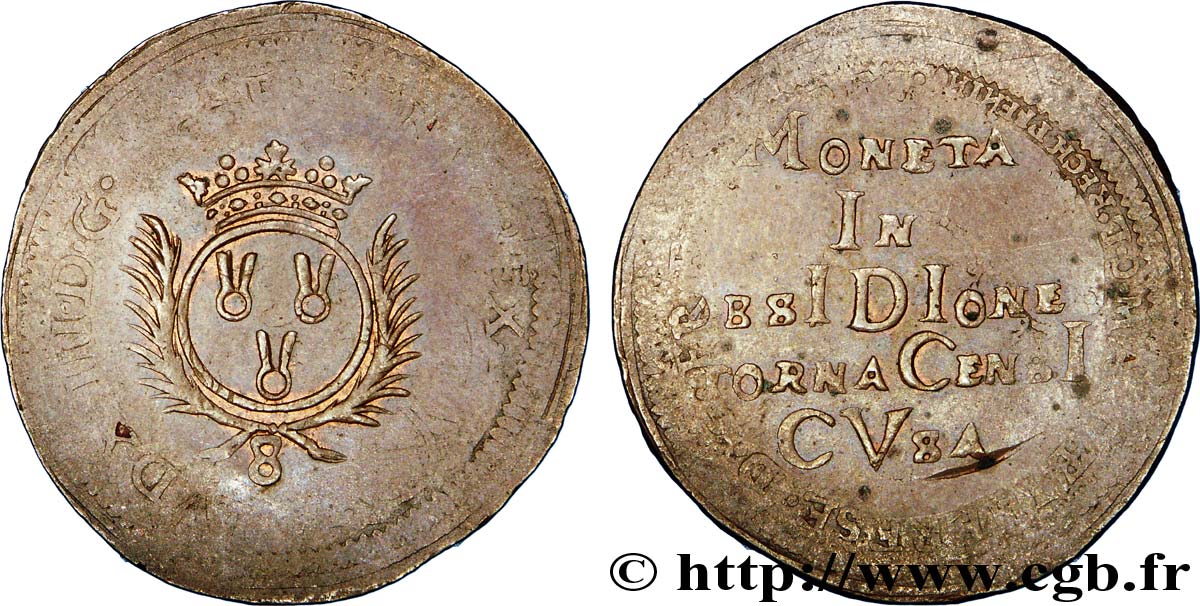 TOURNAISIS - SIÈGE DE TOURNAI Monnaie obsidionale de huit sols, sufrappée sur un jeton de Nuremberg de cuivre q.SPL