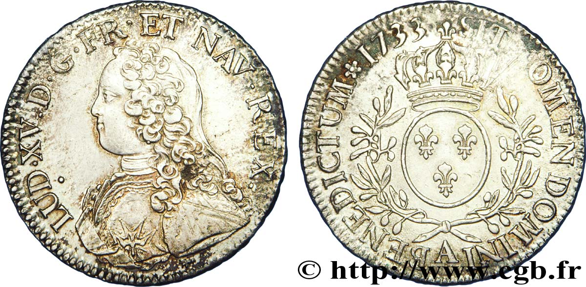 LOUIS XV DIT LE BIEN AIMÉ Écu aux branches d olivier, buste habillé 1733 Paris TTB+