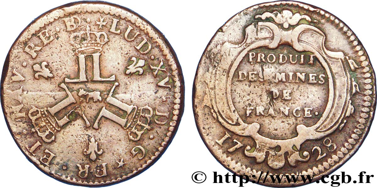 LOUIS XV THE BELOVED Seize deniers des mines de Béarn 1728 Pau VF