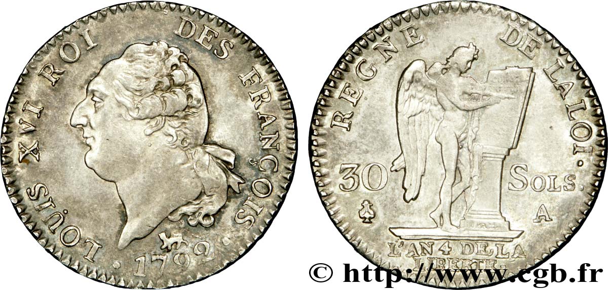 LOUIS XVI 30 sols dit  au génie , type FRANÇOIS 1792 Paris MS/AU