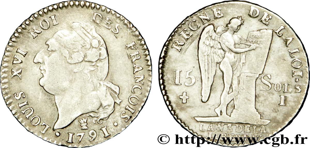 LOUIS XVI (MONARQUE CONSTITUTIONNEL)  15 sols dit &nbsp;au génie&nbsp;, type FRANCOIS 1791 Limoges TTB