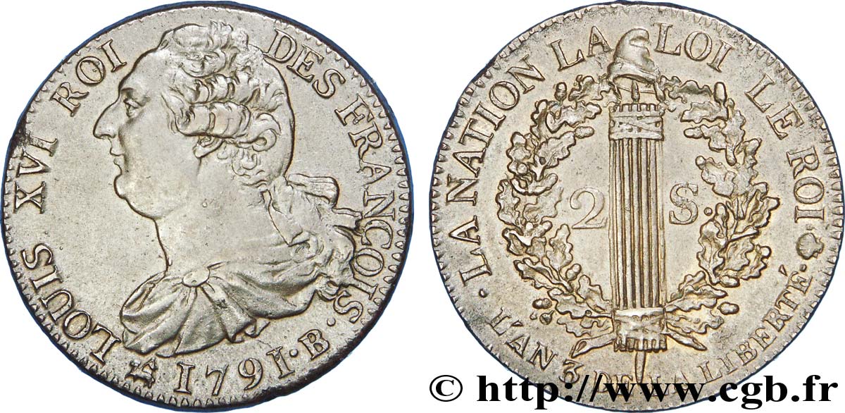 LOUIS XVI (MONARQUE CONSTITUTIONNEL)  2 sols dit  au faisceau , type FRANÇOIS 1791 Rouen SUP