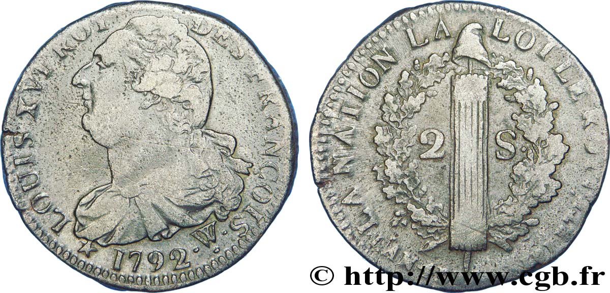 LOUIS XVI 2 sols dit  au faisceau , type FRANÇOIS 1792 Arras BC+
