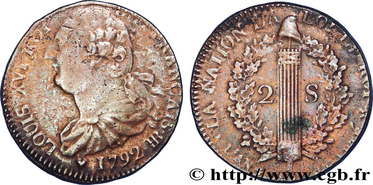 LOUIS XVI 2 sols dit  au faisceau , type FRANÇAIS 1792 Strasbourg q.BB