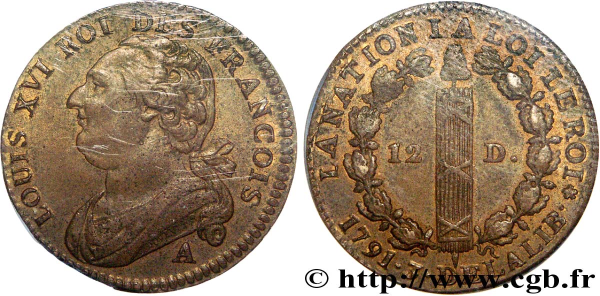 LOUIS XVI 12 deniers dit  au faisceau , type FRANCOIS 1791 Paris, Monnaie de Matignon VZ