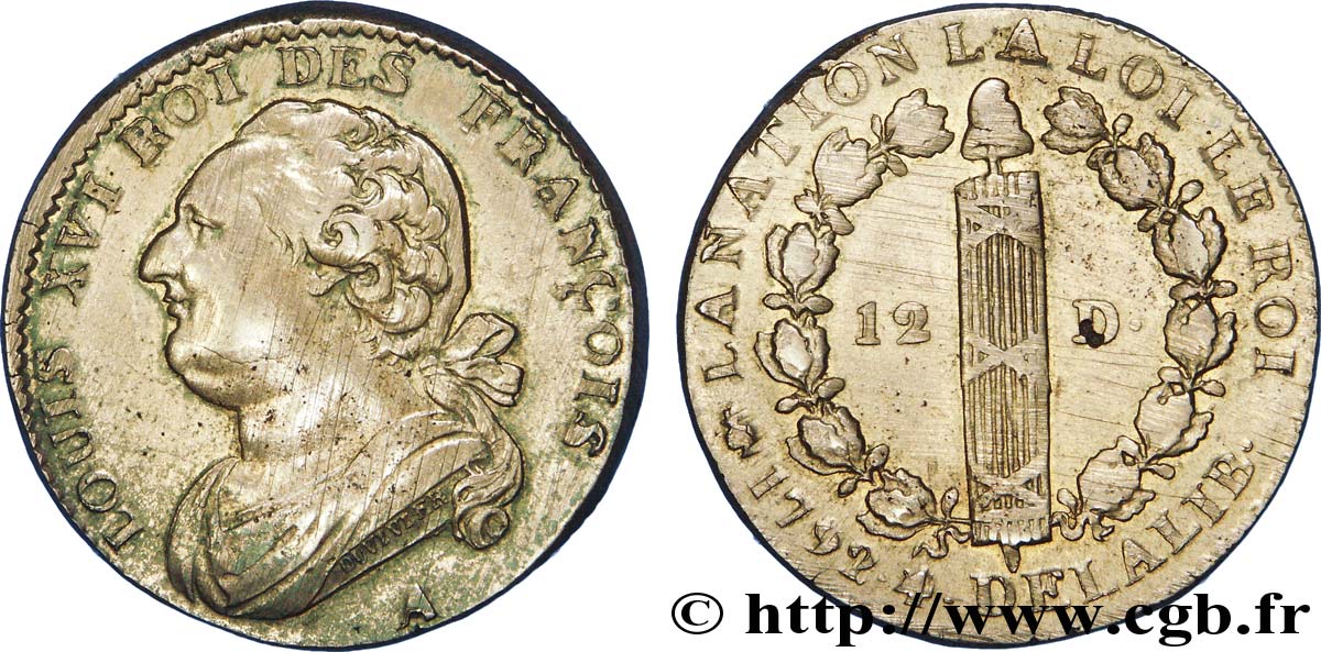 REVOLUTION COINAGE Épreuve ou essai de la pièce de 12 deniers dite  au faisceau , type FRANÇOIS 1792 Paris AU